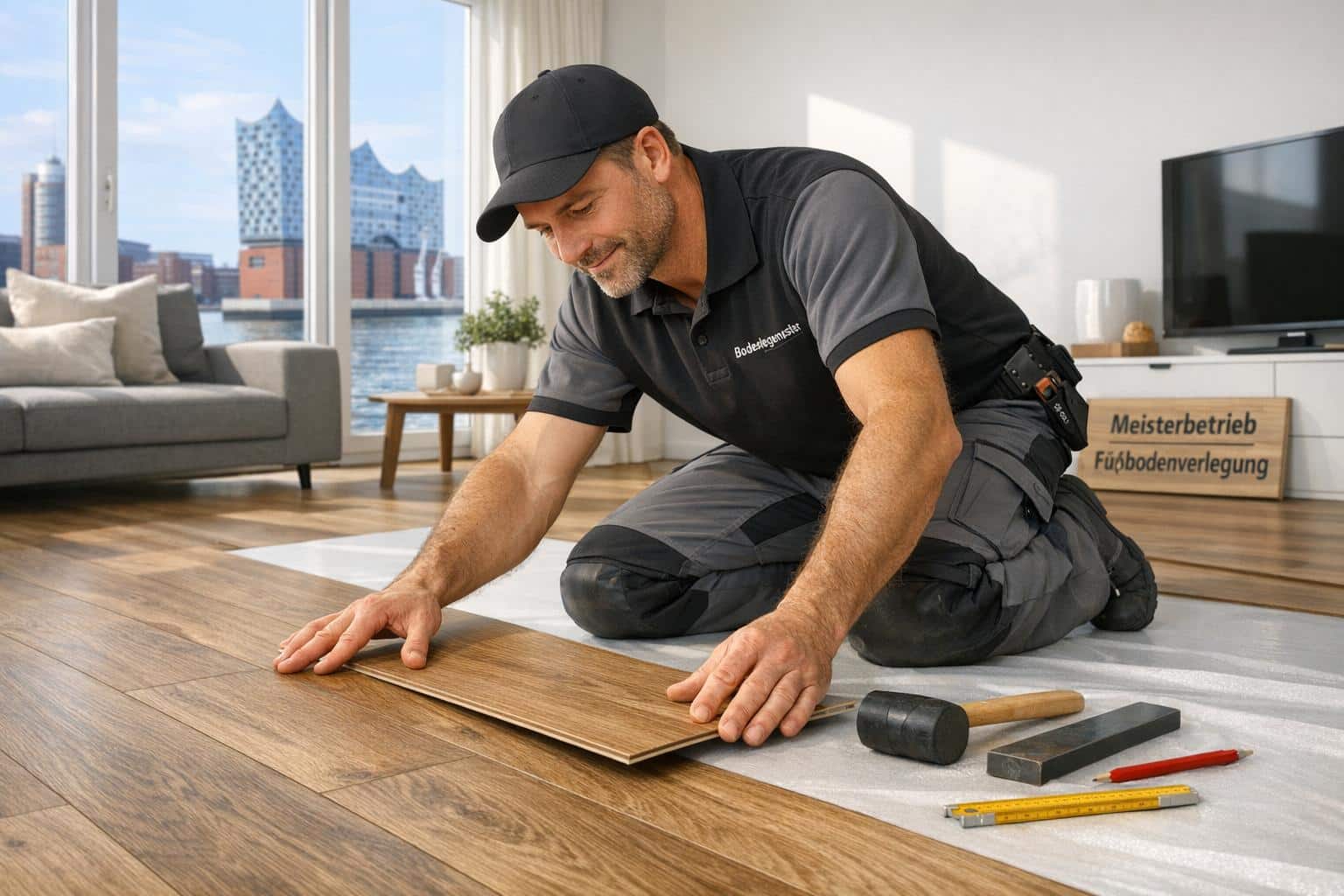Bodenleger in Hamburg beim professionellen Verlegen von Vinylboden im Wohnraum