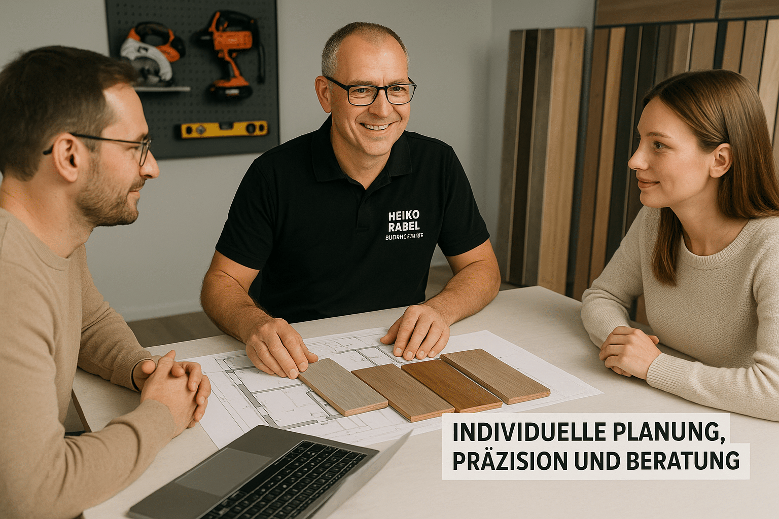 Heiko Rabel bei der individuellen Laminatboden-Planung mit Mustern und digitaler Technik