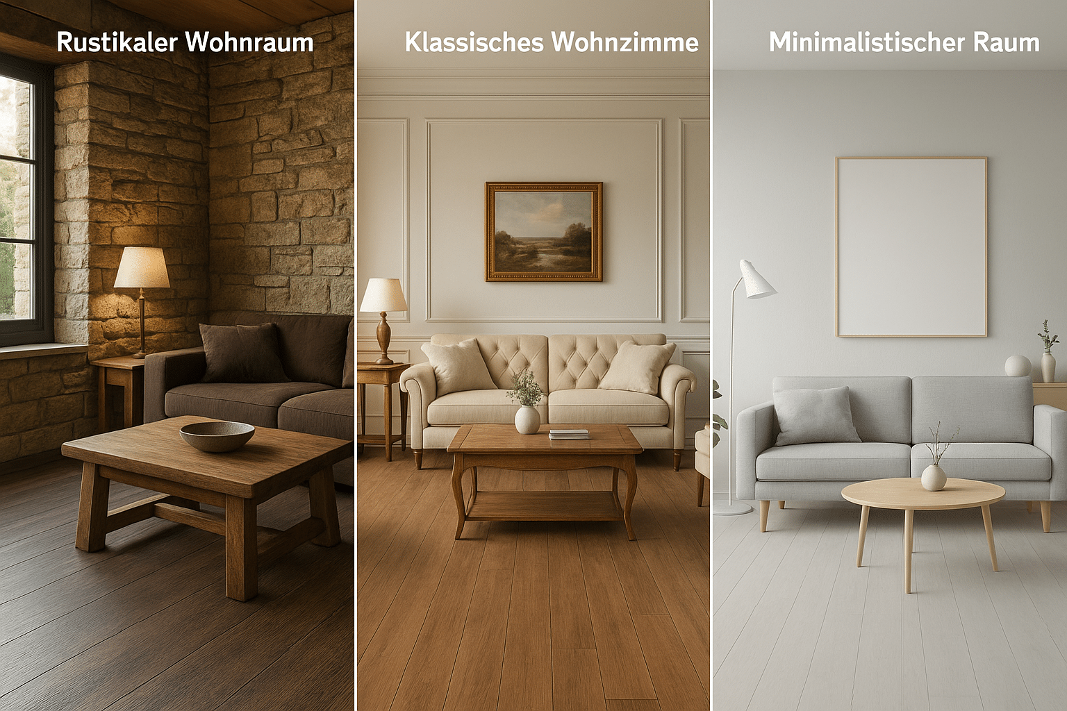 Laminat in verschiedenen Einrichtungsstilen – rustikal, klassisch und modern – als vielseitige Bodenlösung