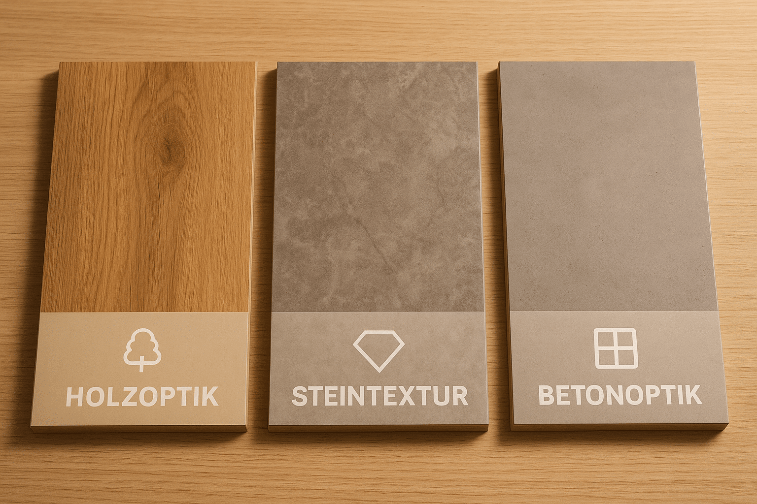 Verschiedene Laminatdesigns in Holz- und Steinoptik als stilvolle Bodenlösung für jeden Raum