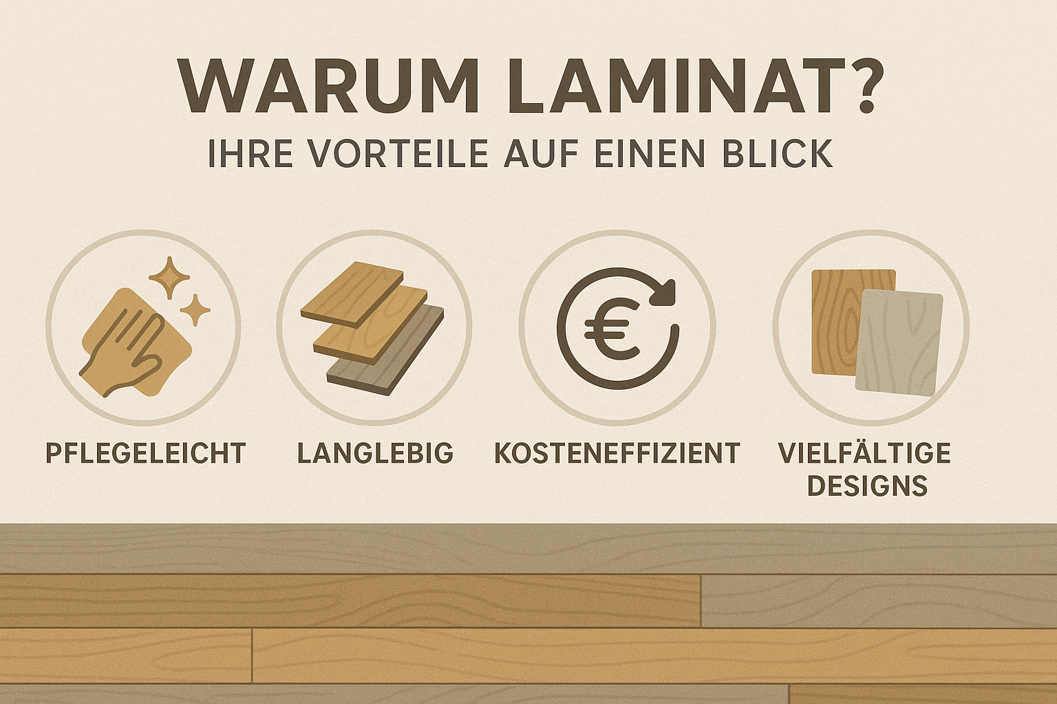 Infografik mit den wichtigsten Vorteilen von Laminatboden: langlebig, pflegeleicht und stilvoll