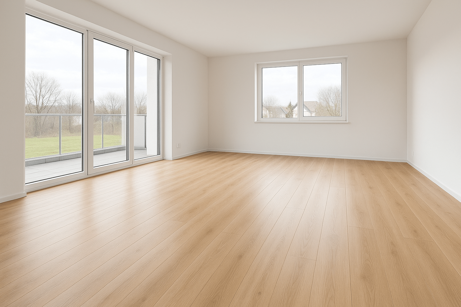 Perfekt verlegter Laminatboden in einem Neubau mit heller Eichenoptik und präziser Ausführung