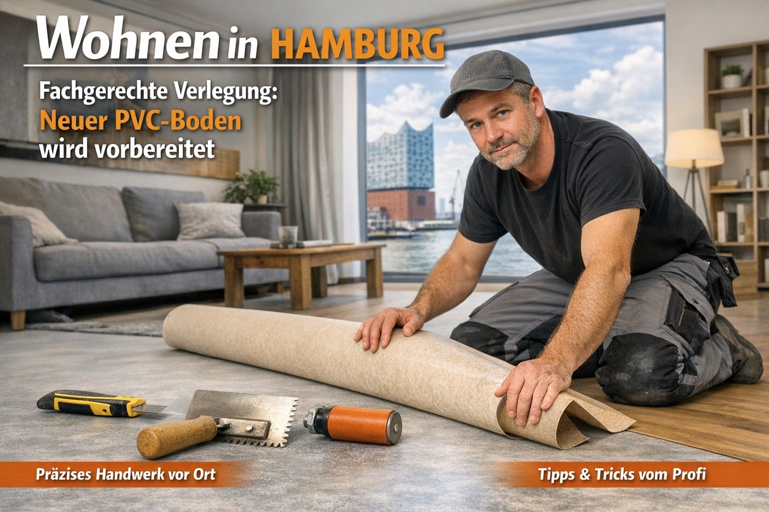 Bodenleger verlegt neuen PVC-Boden auf bestehendem PVC-Untergrund in einem Wohnraum in Hamburg