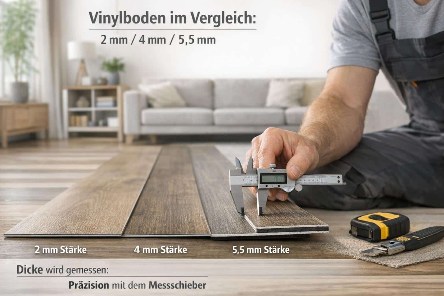 Vergleich verschiedener Vinylboden-Dicken wie 2 mm, 4 mm und 5,5 mm im Wohnraum