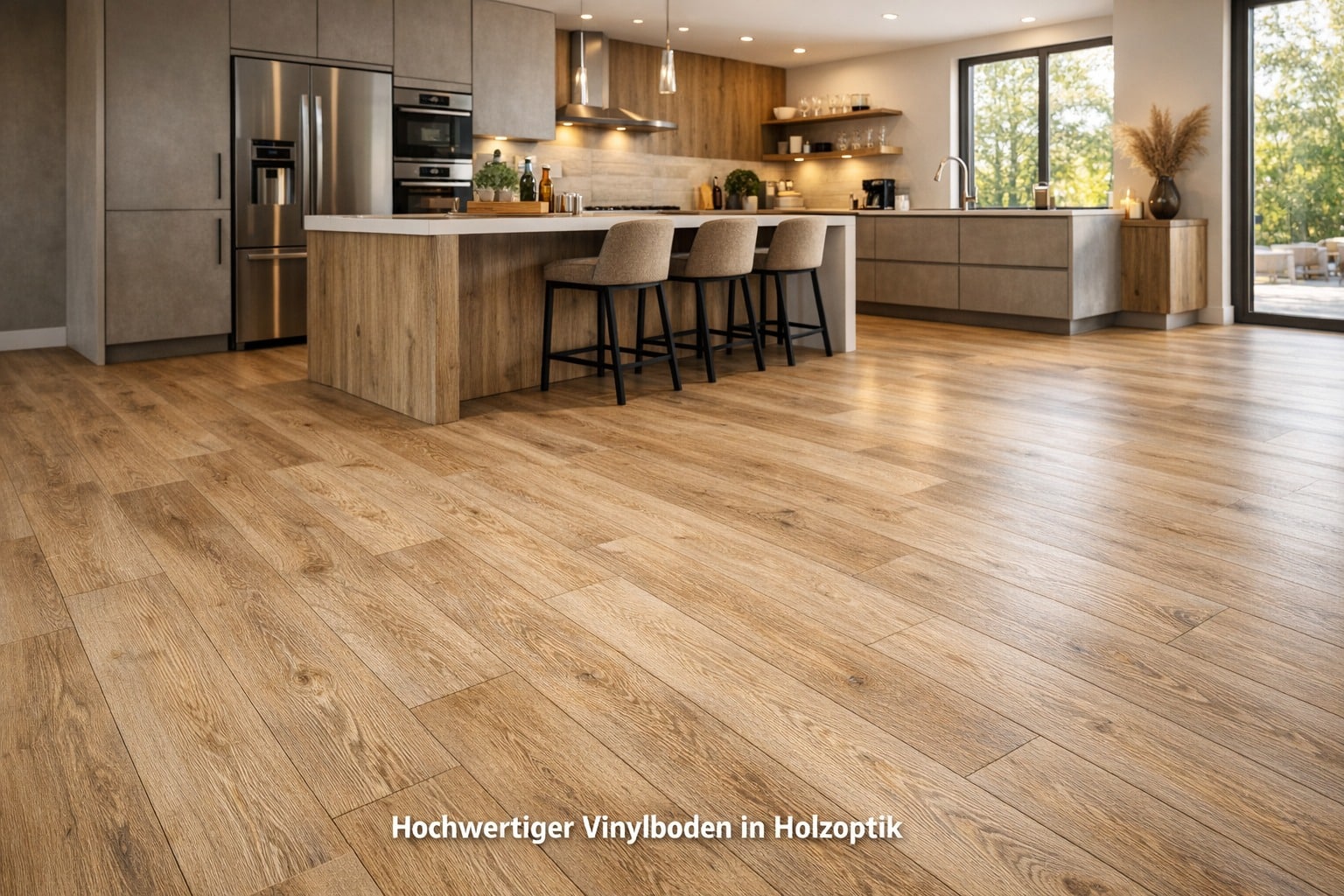 Moderner Vinylboden in Holzoptik in einer hellen Küche – wasserfester und pflegeleichter Küchenboden