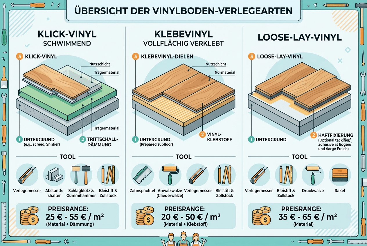 Vergleich der Verlegearten für Vinylboden mit Kosten pro Quadratmeter